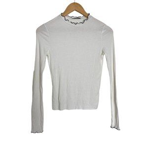 Zara White Ribbed Scalloped Long Sleeve Top